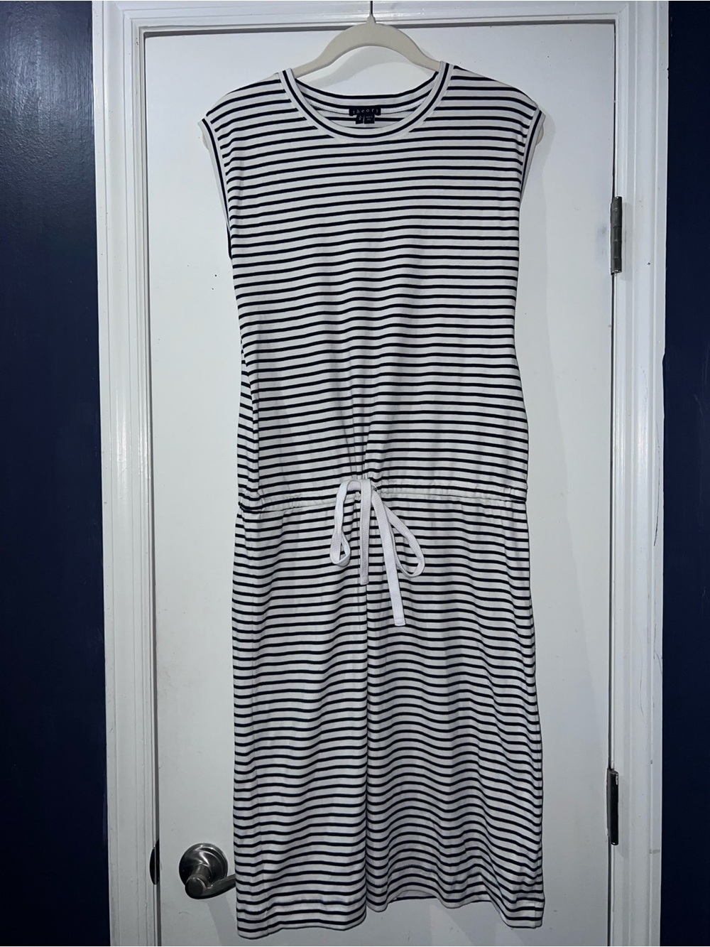 Theory Black & White Striped Drawstring Midi Dress